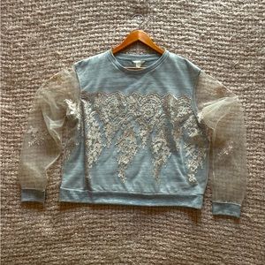 Silver Pullover Top With nude Lace color & Sheer Sleeve Accent Size XL